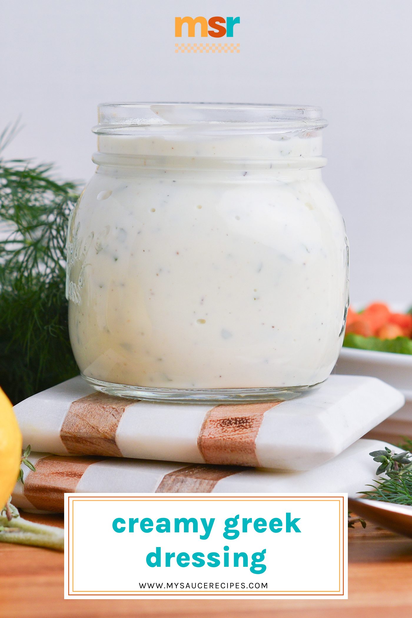 straight on shot of creamy salad dressing in jar with text overlay