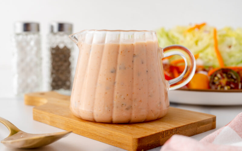 straight on shot of jar of thousand island dressing