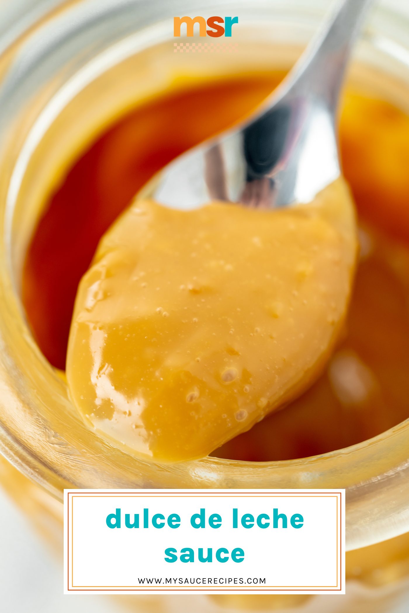 angled shot of spoon of dulce de leche sauce with text overlay