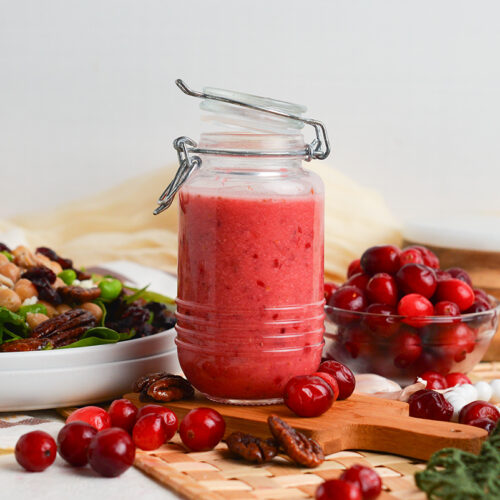 straight on shot of jar of cranberry vinaigrette