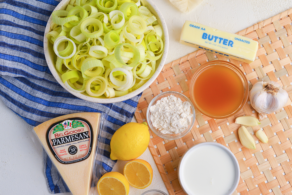 overhead shot of creamed leek ingredients