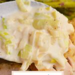 leek sauce pouring over chicken with text overlay