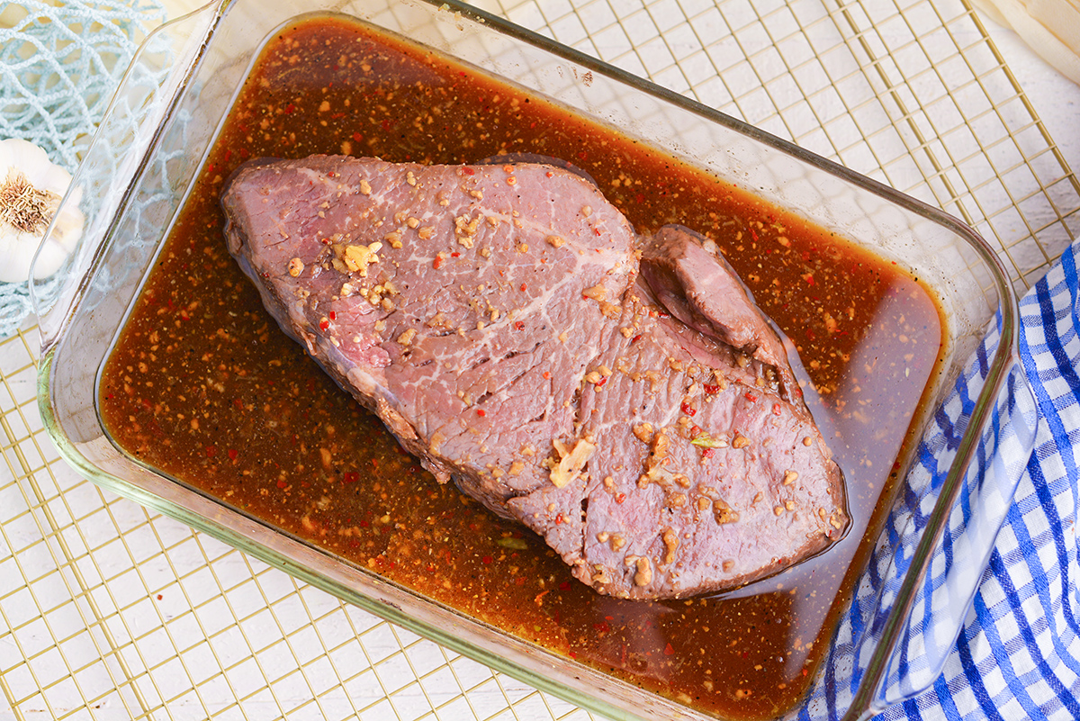 overhead shot of meat in london broil marinade