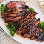 overhead shot of sliced london broil on platter