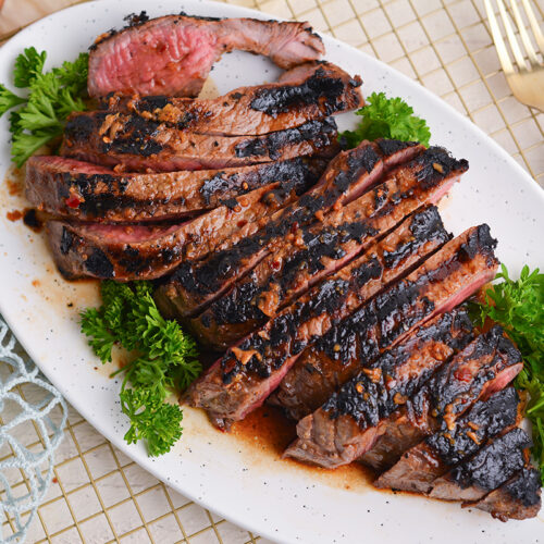 overhead shot of sliced london broil on platter