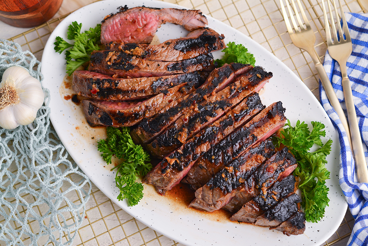 overhead shot of sliced london broil on platter