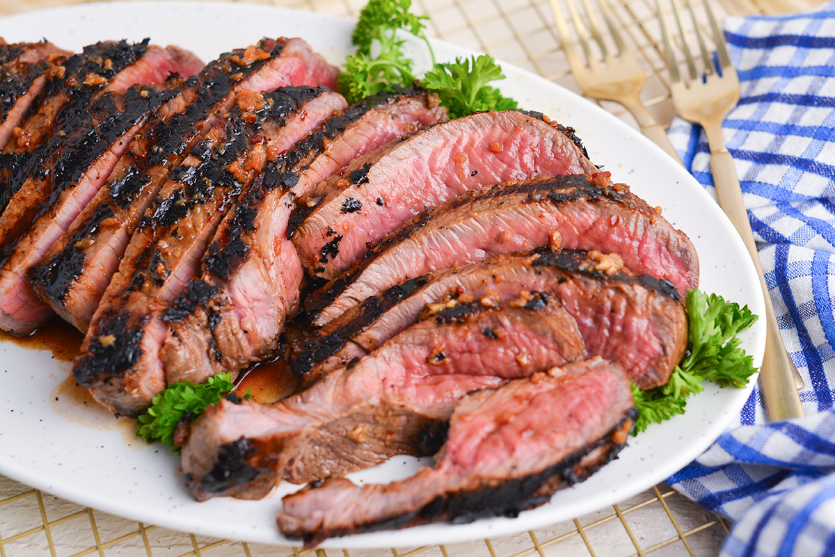 close up shot of sliced london broil on platter