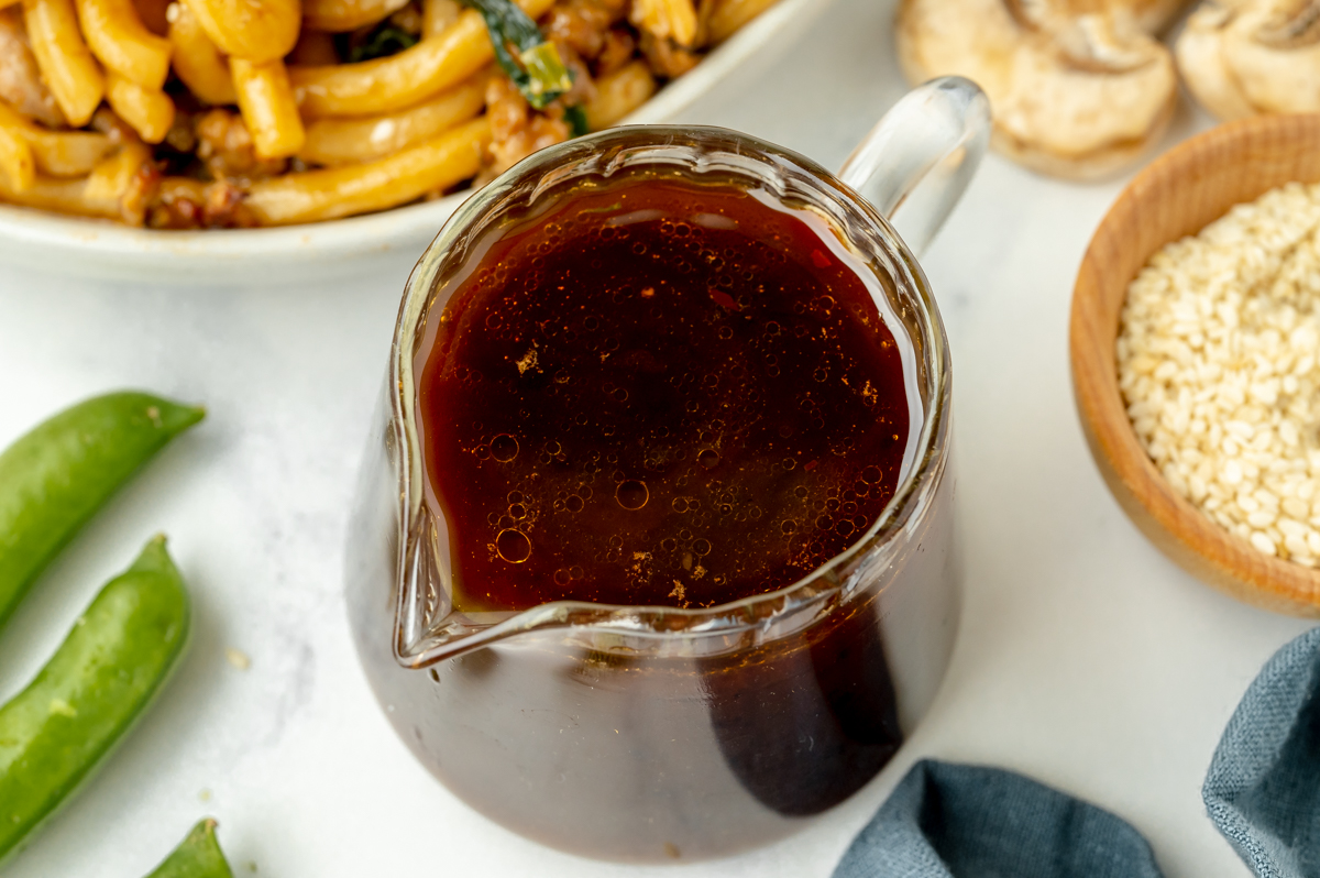 overhead shot of jar of udon sauce