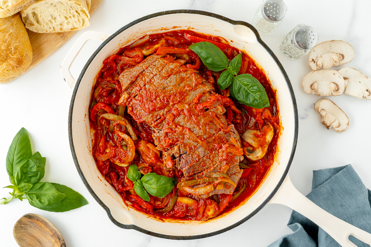 overhead shot of steak and sauce in pan