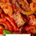 close up overhead shot of pizzaiola sauce with text overlay