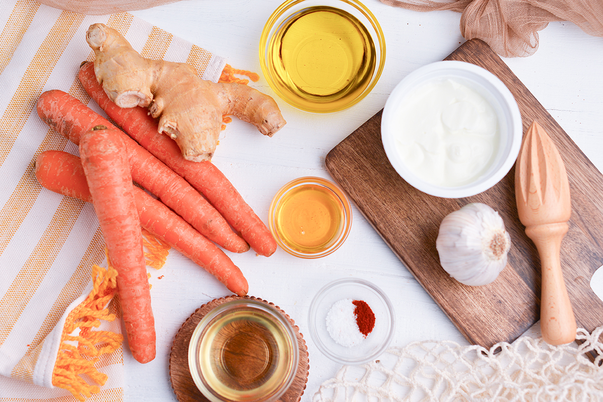 overhead shot of carrot ginger dressing ingredients
