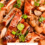 close up angled shot of sliced, marinated chicken with text overlay
