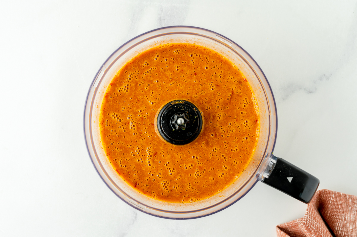 overhead shot of chipotle chicken marinade in food processor