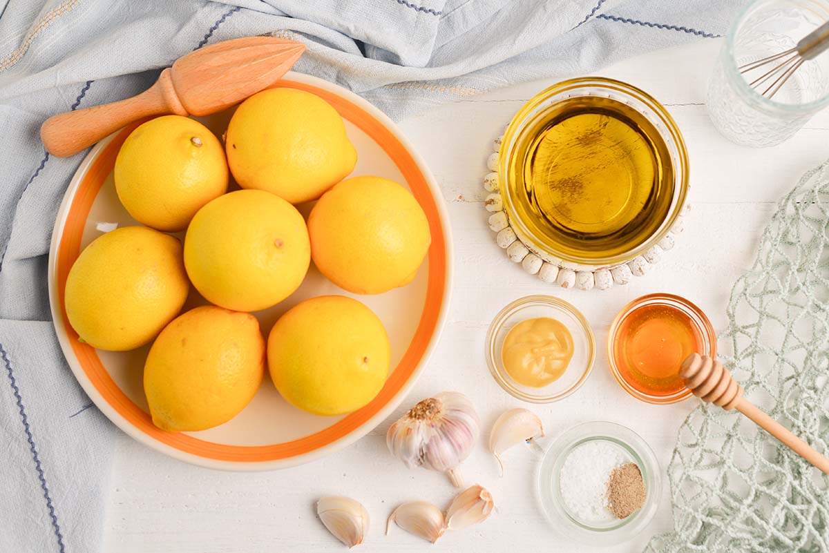 overhead shot of lemon vinaigrette ingredients