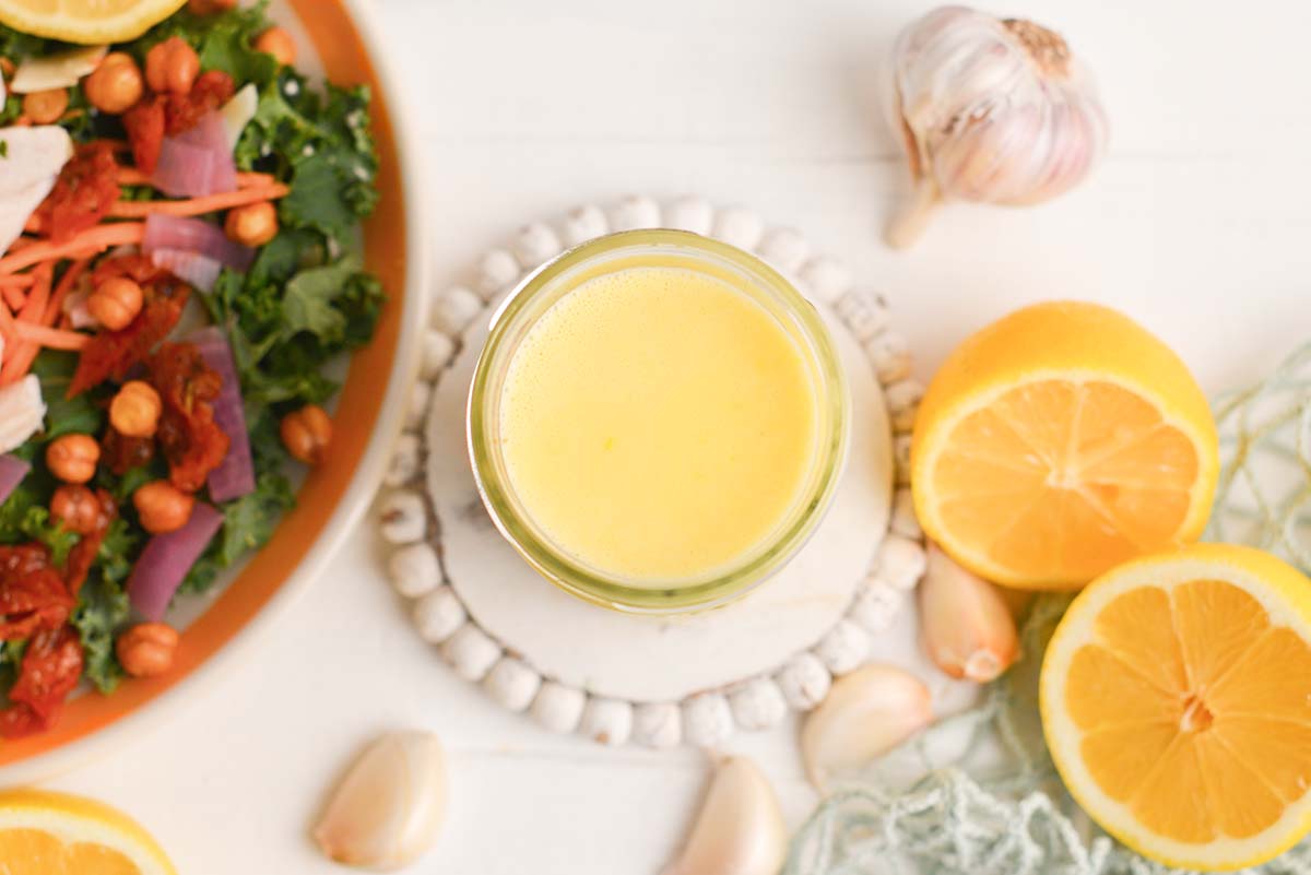 overhead shot of jar of lemon dressing