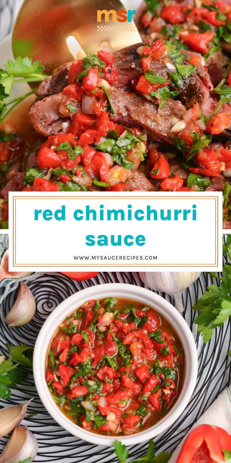 collage of red chimichurri sauce