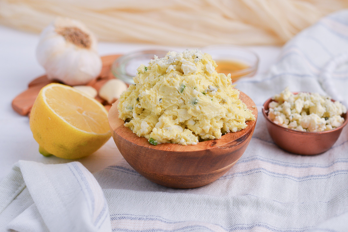 garlic blue cheese butter in wooden bowl