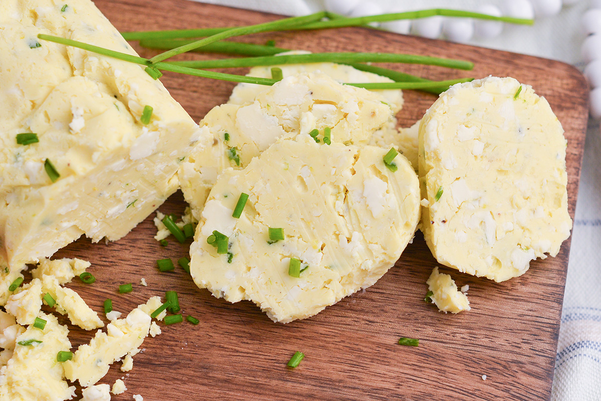 homemade blue cheese compound butter sliced for steak