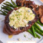 overhead shot of steak topped with blue cheese butter with text overlay