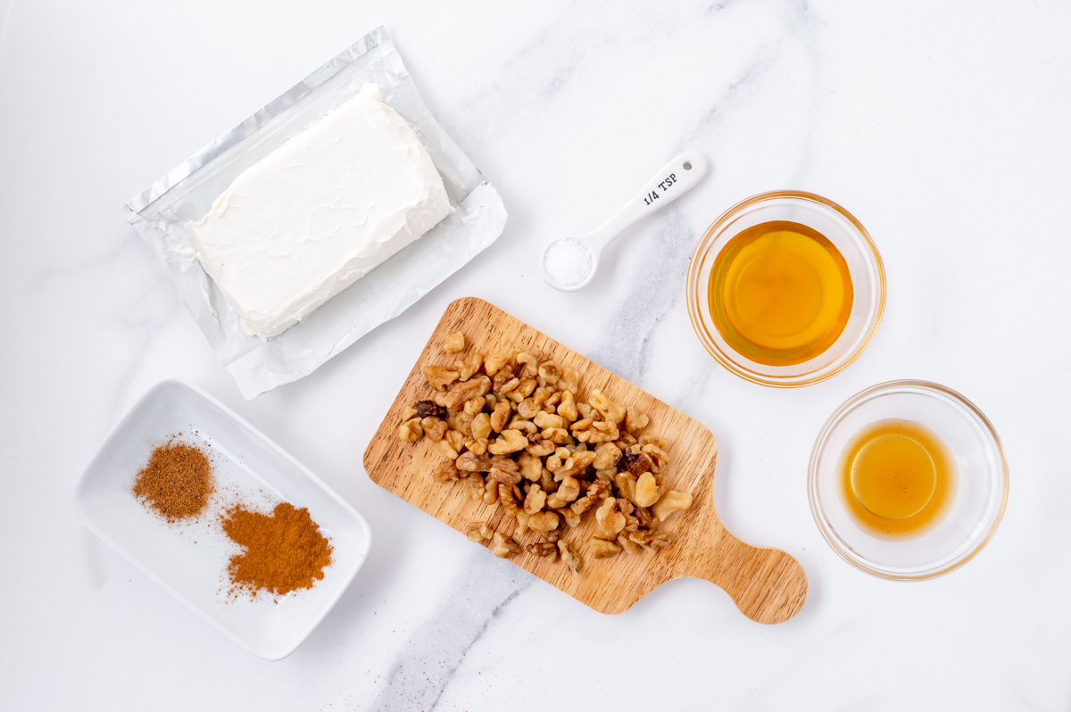 overhead shot of honey walnut cream cheese ingredients