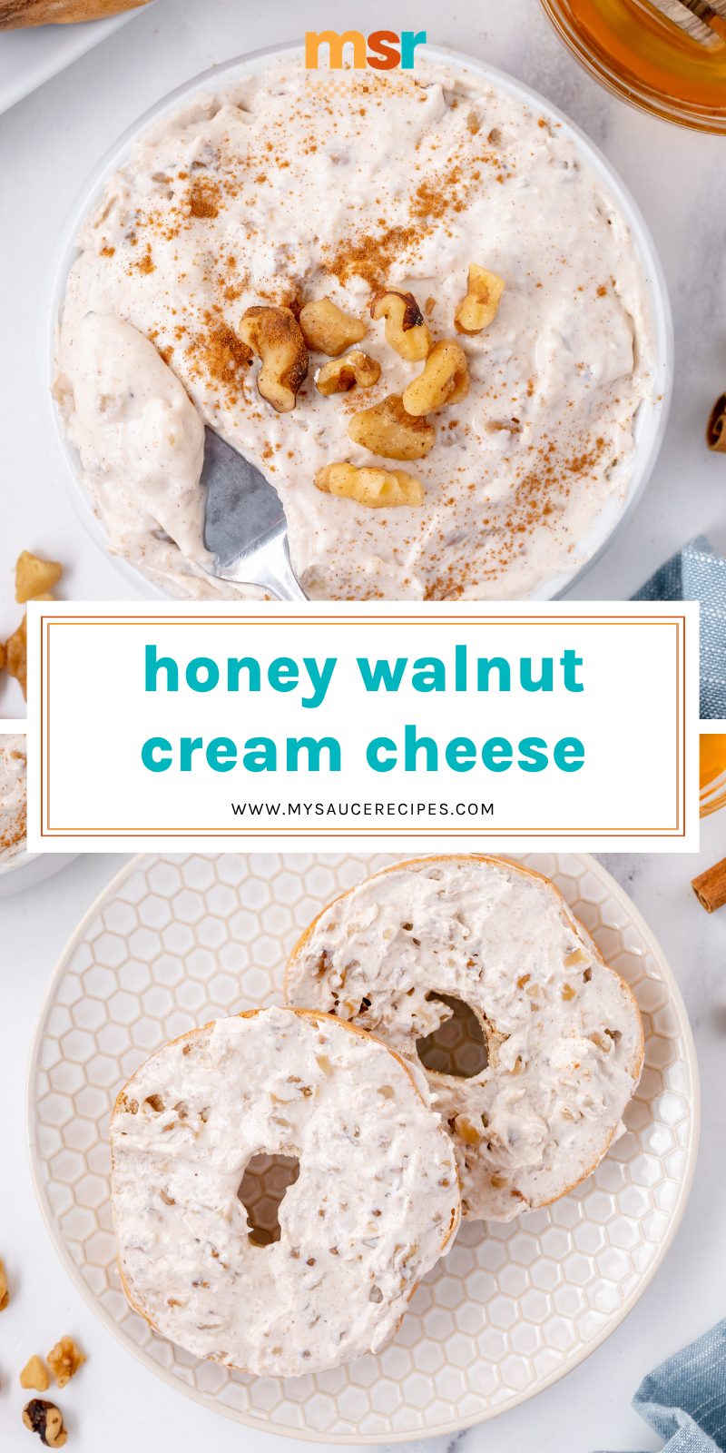 collage of honey walnut cream cheese