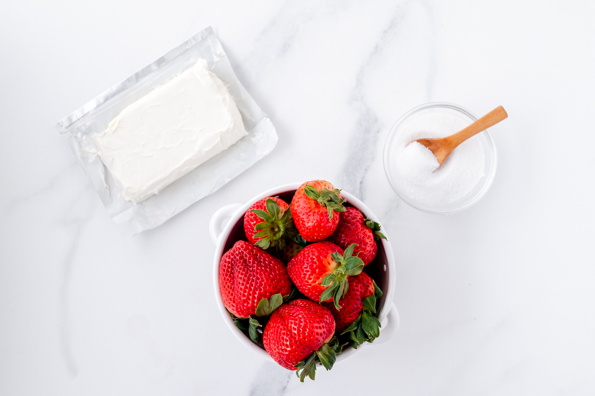 overhead shot of strawberry cream cheese ingredients