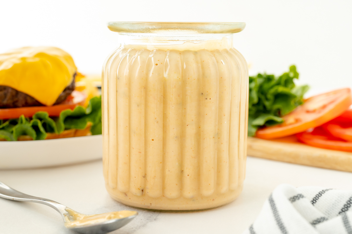 secret burger sauce in small jar for burgers and fries